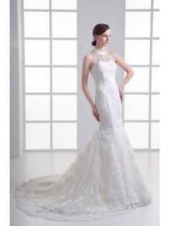 Satin and Net Halter Sheath Sweep Train Embroidered Wedding Dress