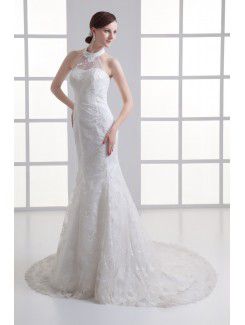 Satin and Net Halter Sheath Sweep Train Embroidered Wedding Dress