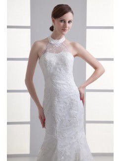 Satin and Net Halter Sheath Sweep Train Embroidered Wedding Dress