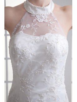 Satin and Net Halter Sheath Sweep Train Embroidered Wedding Dress