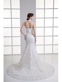 Satin and Net Halter Sheath Sweep Train Embroidered Wedding Dress