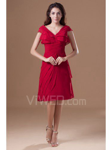 Chiffon V-Neck Knee Length Column Cap Sleeve Cocktail Dress