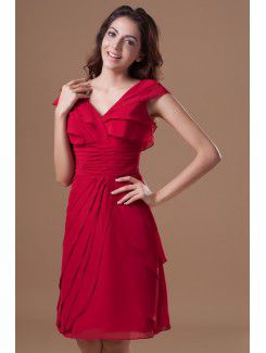 Chiffon V-Neck Knee Length Column Cap Sleeve Cocktail Dress