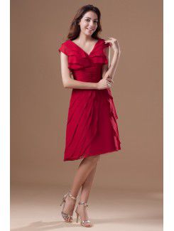 Chiffon V-Neck Knee Length Column Cap Sleeve Cocktail Dress