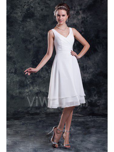 Chiffon V-Neck Knee Length Column Short Wedding Dress