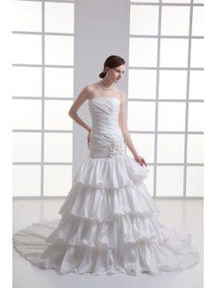 Taffeta Strapless Sheath Sweep Train Hamd-made Flowers Wedding Dress