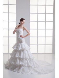 Taffeta Strapless Sheath Sweep Train Hamd-made Flowers Wedding Dress