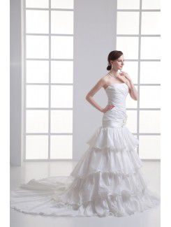 Taffeta Strapless Sheath Sweep Train Hamd-made Flowers Wedding Dress