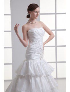 Taffeta Strapless Sheath Sweep Train Hamd-made Flowers Wedding Dress