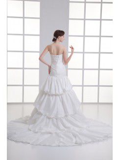 Taffeta Strapless Sheath Sweep Train Hamd-made Flowers Wedding Dress