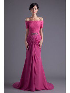 Chiffon and Lace Off-the-Shoulder Column Sweep Train Embroidered Prom Dress