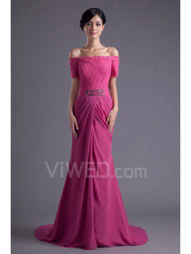 Chiffon and Lace Off-the-Shoulder Column Sweep Train Embroidered Prom Dress