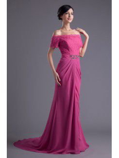 Chiffon and Lace Off-the-Shoulder Column Sweep Train Embroidered Prom Dress