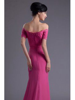 Chiffon and Lace Off-the-Shoulder Column Sweep Train Embroidered Prom Dress