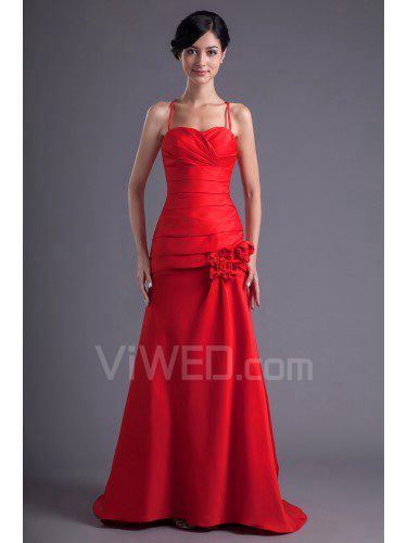 Satin Spaghetti Sheath Sweep Train Hand-made Flowers and Directionally Ruched Prom Dress