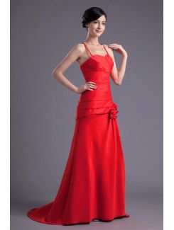 Satin Spaghetti Sheath Sweep Train Hand-made Flowers and Directionally Ruched Prom Dress