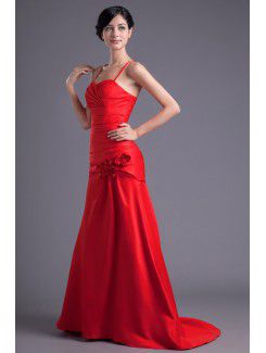 Satin Spaghetti Sheath Sweep Train Hand-made Flowers and Directionally Ruched Prom Dress