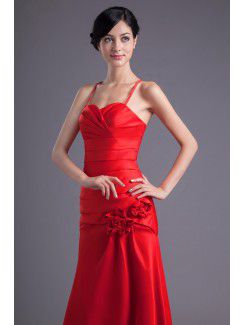 Satin Spaghetti Sheath Sweep Train Hand-made Flowers and Directionally Ruched Prom Dress