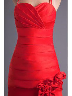 Satin Spaghetti Sheath Sweep Train Hand-made Flowers and Directionally Ruched Prom Dress