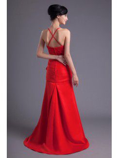 Satin Spaghetti Sheath Sweep Train Hand-made Flowers and Directionally Ruched Prom Dress