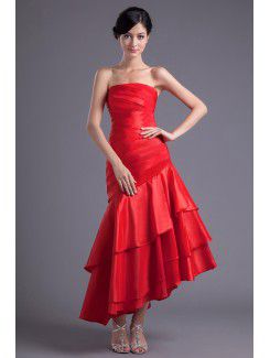 Satin Strapless Sheath Ankle-Length Gathered Ruched Prom Dress