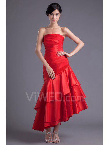 Satin Strapless Sheath Ankle-Length Gathered Ruched Prom Dress