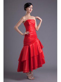 Satin Strapless Sheath Ankle-Length Gathered Ruched Prom Dress