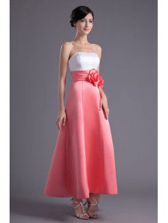 Satin Strapless A-line Ankle-Length Hand-made Flowers Prom Dress