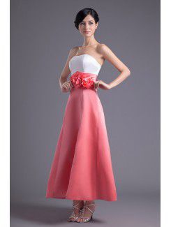 Satin Strapless A-line Ankle-Length Hand-made Flowers Prom Dress