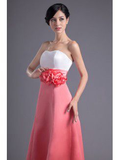 Satin Strapless A-line Ankle-Length Hand-made Flowers Prom Dress