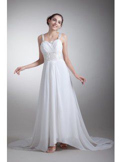 Chiffon Straps Sweep Train Column Embroidered Wedding Dress