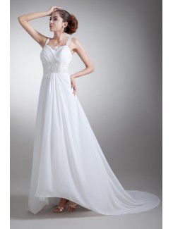 Chiffon Straps Sweep Train Column Embroidered Wedding Dress