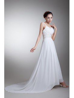 Chiffon Straps Sweep Train Column Embroidered Wedding Dress