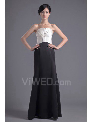 Satin Strapless Empire line Floor Length Gathered Ruched Prom Dress