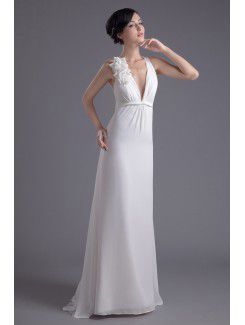 Chiffon V-Neckline Column Sweep Train Hand-made Flowers Prom Dress