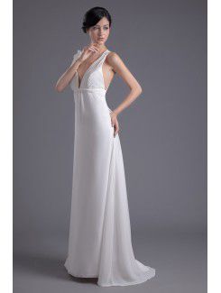 Chiffon V-Neckline Column Sweep Train Hand-made Flowers Prom Dress