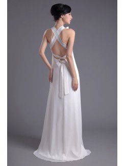 Chiffon V-Neckline Column Sweep Train Hand-made Flowers Prom Dress