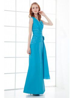 Taffeta V-Neckline Sheath Floor Length Hand-made Flower Prom Dress