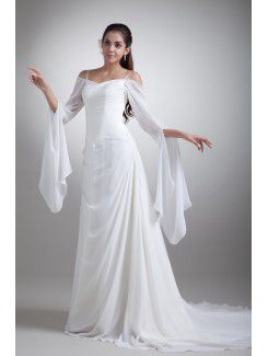 Chiffon Spaghetti Sweep Train Column Wedding Dress