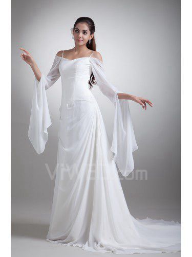 Chiffon Spaghetti Sweep Train Column Wedding Dress