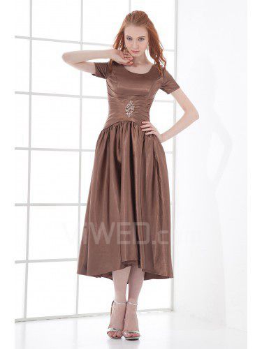 Satin Scoop Sheath Tea-length Short Sleeves Prom Dress