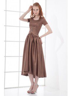 Satin Scoop Sheath Tea-length Short Sleeves Prom Dress