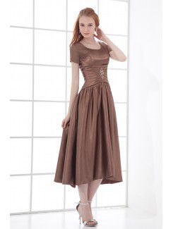 Satin Scoop Sheath Tea-length Short Sleeves Prom Dress