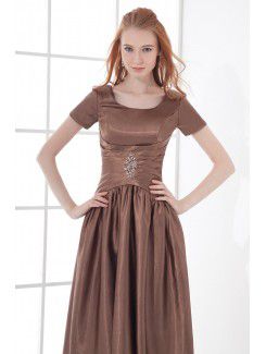 Satin Scoop Sheath Tea-length Short Sleeves Prom Dress