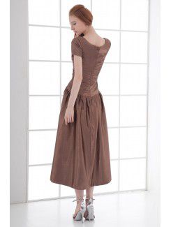 Satin Scoop Sheath Tea-length Short Sleeves Prom Dress