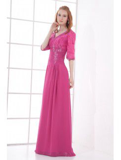 Chiffon V-Neckline Sheath Floor Length Half Sleeves Prom Dress