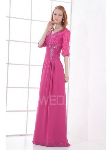 Chiffon V-Neckline Sheath Floor Length Half Sleeves Prom Dress