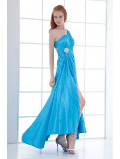 Satin Asymmetrical A-line Ankle-Length Hand-made Flower Prom Dress