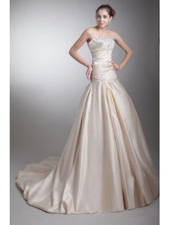 Satin Strapless Sweep Train Sheath Embroidered Wedding Dress