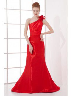 Satin Asymmetrical Sheath Sweep Train Hand-made Flower Prom Dress